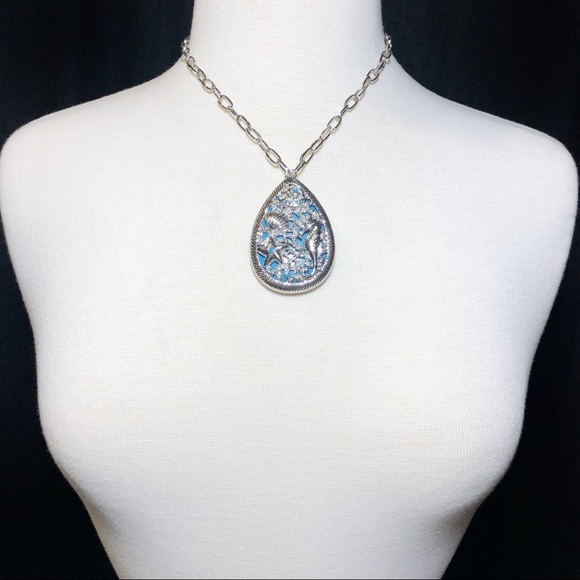 Mixed Sea Life Beach Aqua Blue Silver Teardrop Necklace Earrings Set - Picture 2 of 3